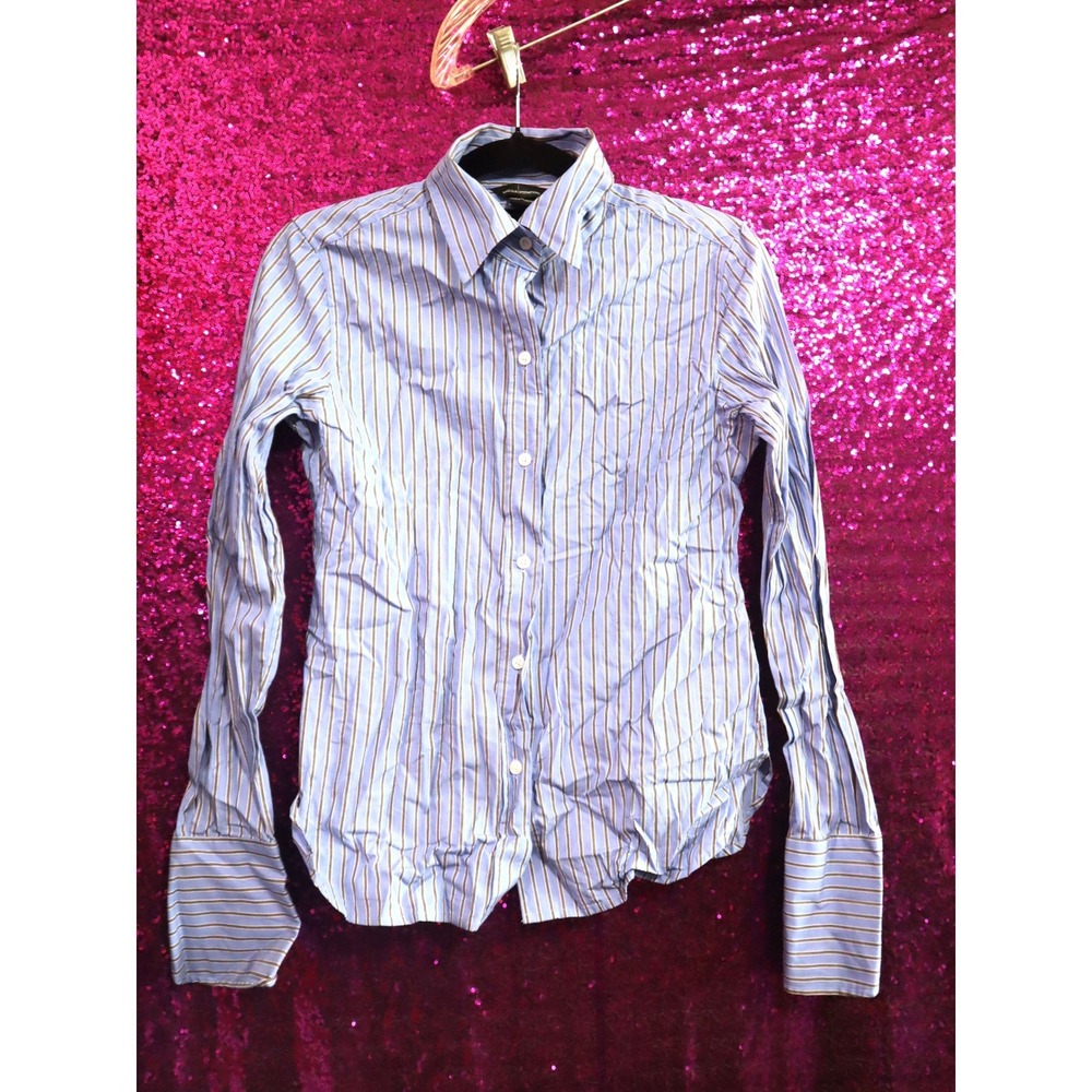Blue Striped Button Down Shirt Small Moda International Women French Cuff Stripe